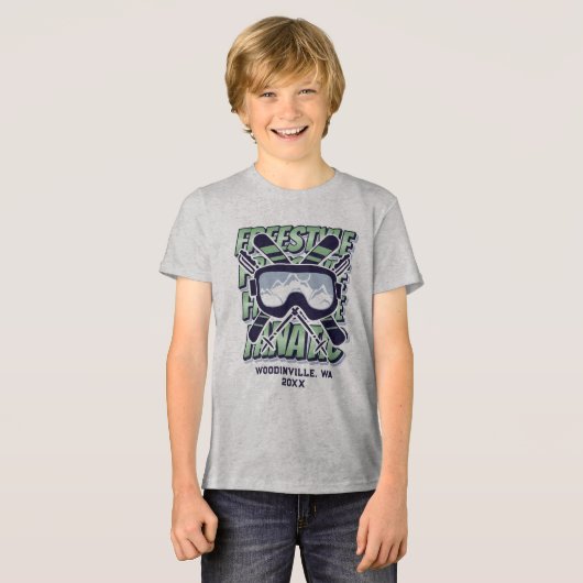 Aangepaste freestyle skiën locatie Datum Naam Tri-Blend Shirt (Voorkant volledig)