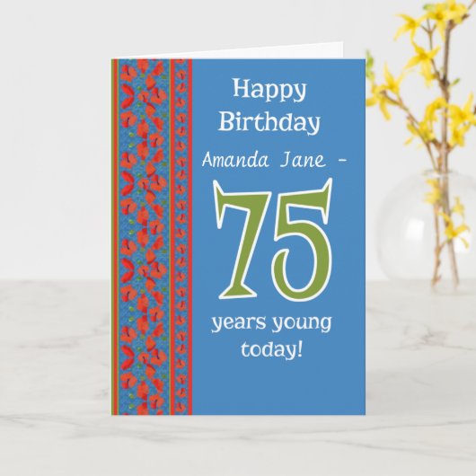 Aangepaste Front Red Field Poppies 75e Verjaardag  Kaart (Gele Bloem)