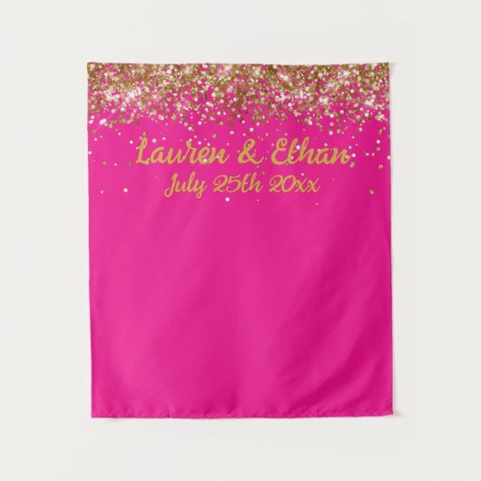 Aangepaste Fuchsia & Goud Glitter Bruiloftsfotohok Wandkleed (Voorkant)