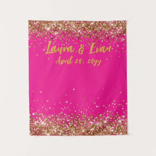 Aangepaste Fuchsia & Gouden Glitter Bruiloftsfotoh Wandkleed (Voorkant)