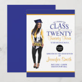 Aangepaste Full Body Foto Blauw en Geel Afstuderen Kaart (Voorkant / Achterkant)