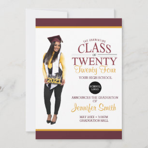 Aangepaste Full Body Foto Maroon en Goud Afstudere Kaart