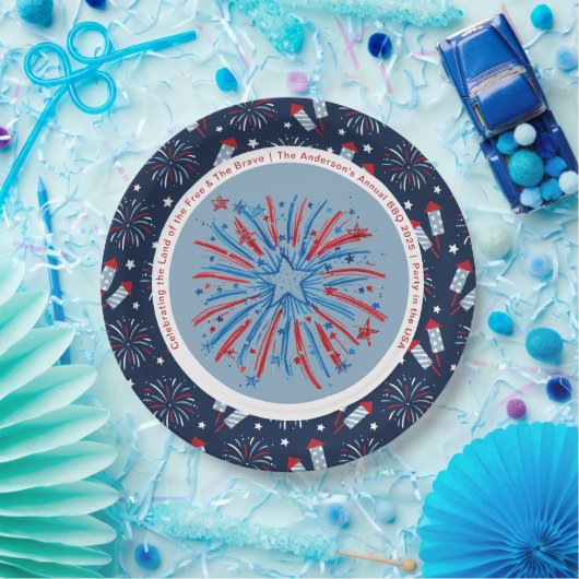 Aangepaste Fun Vuurwerk 4th Juli Rood Wit Blauw Papieren Bordje (Feest)