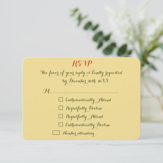 Aangepaste Funny Holiday Kerstbruiloft Noite RSVP (Staand voorkant)