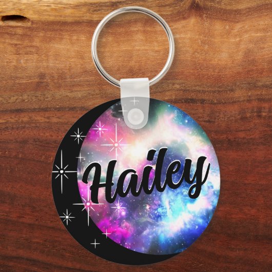 Aangepaste Galaxy Nebula Maan en Sterren Naam Zwar Sleutelhanger (Voorkant)