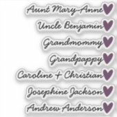 Aangepaste Gastenlijst 7 Namen Kalligrafie Paarse  Sticker (Voorkant)