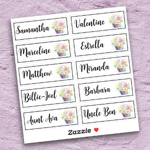 Aangepaste gastlijst 10 namen bloemboeketmand sticker
