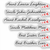 Aangepaste gastlijst 6 namen kalligrafie 3 harten sticker (Voorkant)