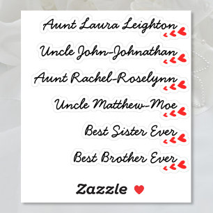 Aangepaste gastlijst 6 namen kalligrafie 3 harten sticker