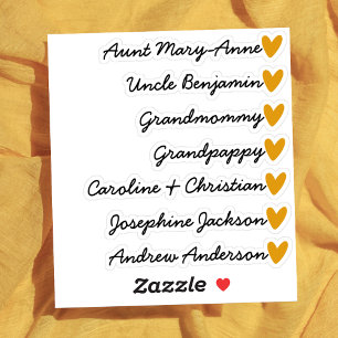 Aangepaste gastlijst 7 namen kalligrafie oranje ha sticker
