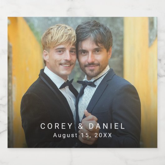 Aangepaste Gay Trouwfoto Twee Grooms Sparkling Wijnetiket (Enkel label)
