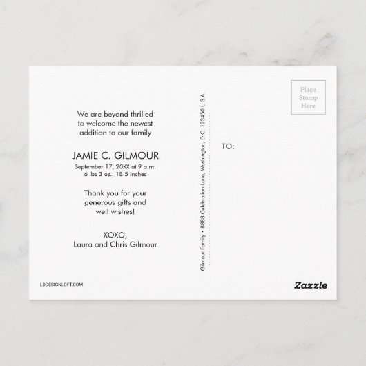 Aangepaste geboorteaankondiging Baby Chalk Harteli Briefkaart (Achterkant)