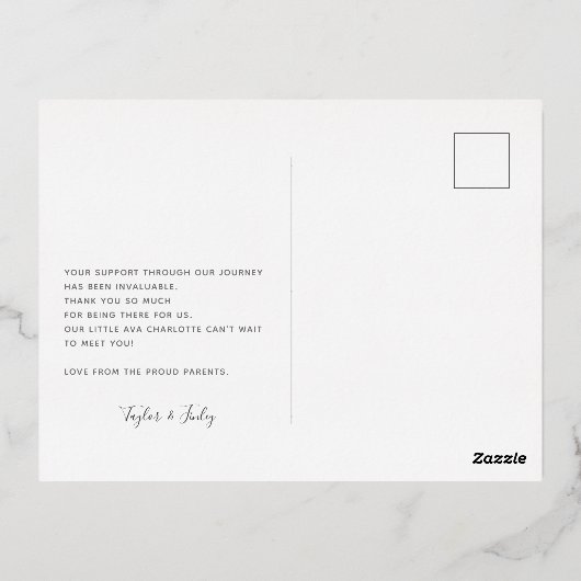 Aangepaste Geboorteaankondiging Postkaart met Beda Folie Feestdagen Briefkaart (Achterkant)