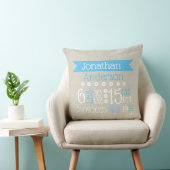 Aangepaste geboortedag kussen grijs en blauw (Stoel)