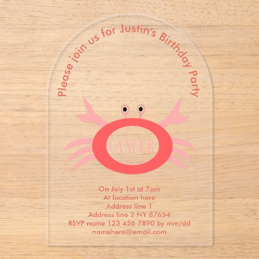 Aangepaste geboortedag voor kankersterren acryl uitnodigingen (Voorkant)