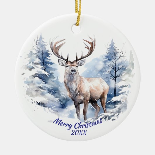 Aangepaste gedateerde herten Winter Snow Forest An Keramisch Ornament (Voorkant)