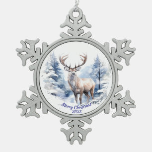 Aangepaste gedateerde herten Winter Snow Forest An Tin Sneeuwvlok Ornament