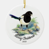 Aangepaste gedateerde kerst ekster tuin vogel keramisch ornament (Voorkant)