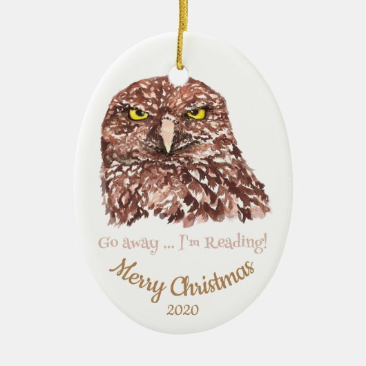 Aangepaste gedateerde kerst ga weg lezen uil plezi keramisch ornament (Voorkant)