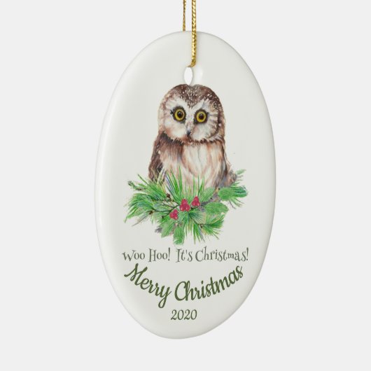 Aangepaste gedateerde kerst grappige uil citaat keramisch ornament (Rechts)