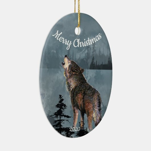 Aangepaste gedateerde kerst Howling Wolf Waterverf Keramisch Ornament (Rechts)