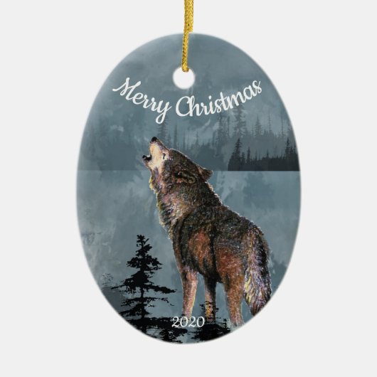 Aangepaste gedateerde kerst Howling Wolf Waterverf Keramisch Ornament (Voorkant)