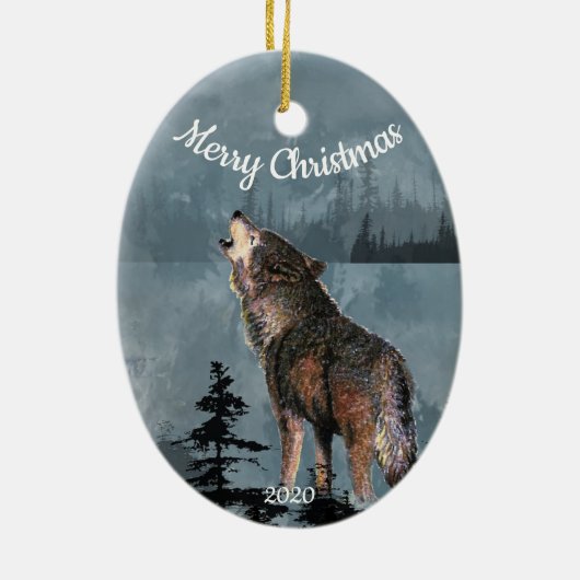 Aangepaste gedateerde kerst Howling Wolf Waterverf Keramisch Ornament (Achterkant)