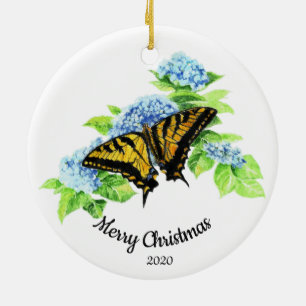 Aangepaste gedateerde kerst vlinder Hydrengea bloe Keramisch Ornament