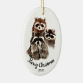 Aangepaste gedateerde kerst wasbeer familie plezie keramisch ornament (Rechts)