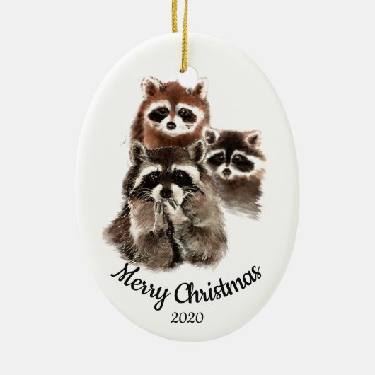 Aangepaste gedateerde kerst wasbeer familie plezie keramisch ornament (Achterkant)
