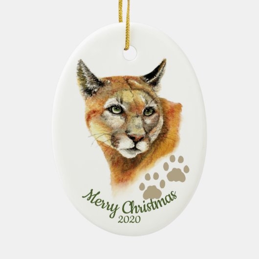 Aangepaste gedateerde kerst Waterverf Cougar Anima Keramisch Ornament (Achterkant)