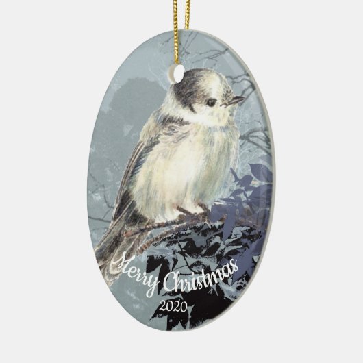 Aangepaste gedateerde kerst Waterverf Gray Jay Bir Keramisch Ornament (Links)