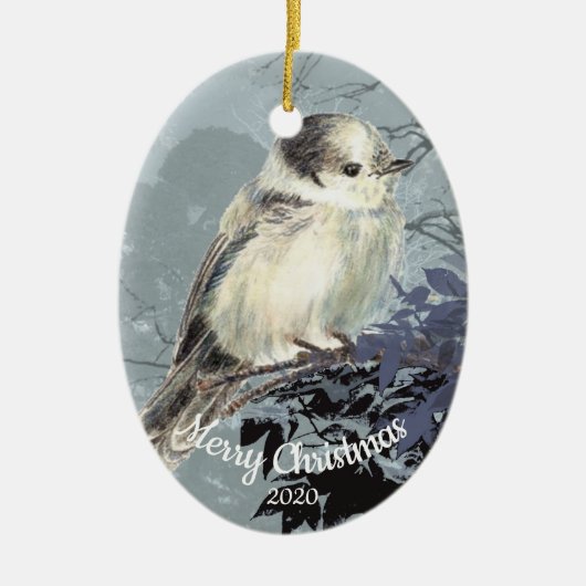 Aangepaste gedateerde kerst Waterverf Gray Jay Bir Keramisch Ornament (Voorkant)