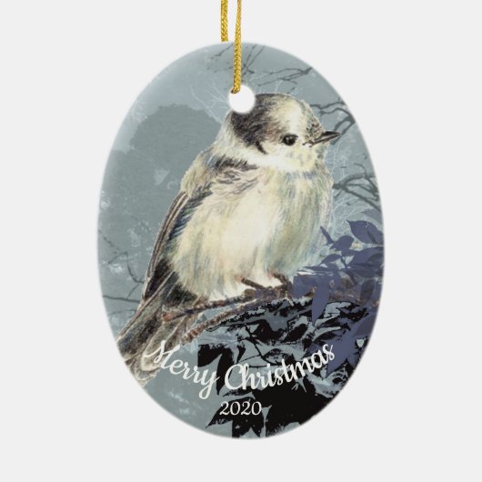 Aangepaste gedateerde kerst Waterverf Gray Jay Bir Keramisch Ornament (Achterkant)
