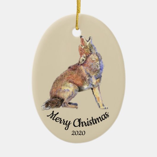 Aangepaste gedateerde kerst Waterverf Howling Coyo Keramisch Ornament (Voorkant)