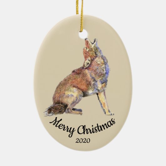 Aangepaste gedateerde kerst Waterverf Howling Coyo Keramisch Ornament (Achterkant)