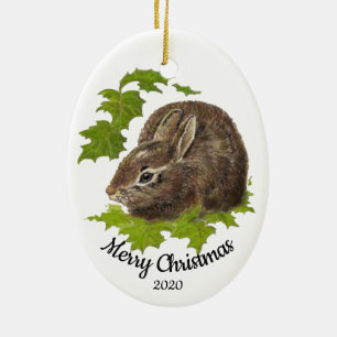 Aangepaste gedateerde kerst Waterverf konijn konij Keramisch Ornament