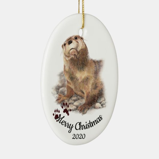 Aangepaste gedateerde kerst Waterverf Otter Schatt Keramisch Ornament (Rechts)