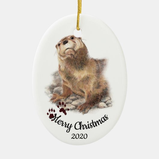 Aangepaste gedateerde kerst Waterverf Otter Schatt Keramisch Ornament (Voorkant)