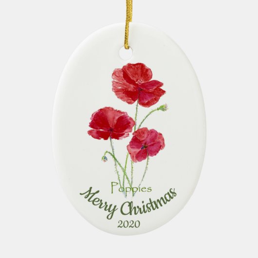 Aangepaste gedateerde kerst Waterverf Poppy Flower Keramisch Ornament (Voorkant)