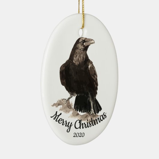 Aangepaste gedateerde kerst Waterverf Raven Bird Keramisch Ornament (Rechts)