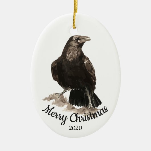 Aangepaste gedateerde kerst Waterverf Raven Bird Keramisch Ornament (Voorkant)