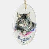 Aangepaste gedateerde kerst Waterverf Tabby Cat Keramisch Ornament (Rechts)
