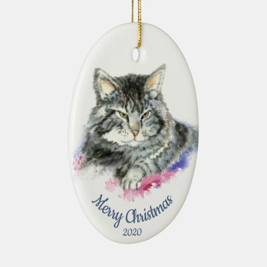 Aangepaste gedateerde kerst Waterverf Tabby Cat Keramisch Ornament (Rechts)