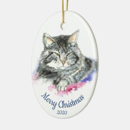 Aangepaste gedateerde kerst Waterverf Tabby Cat Keramisch Ornament (Links)