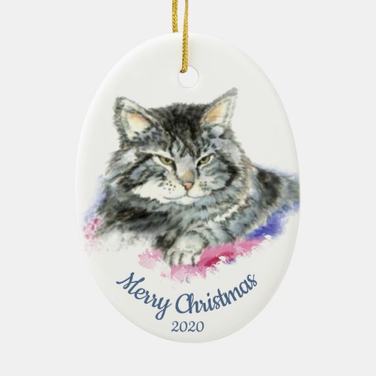 Aangepaste gedateerde kerst Waterverf Tabby Cat Keramisch Ornament (Achterkant)