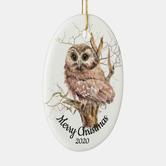 Aangepaste gedateerde kerst Waterverf Uil in Tree Keramisch Ornament (Rechts)