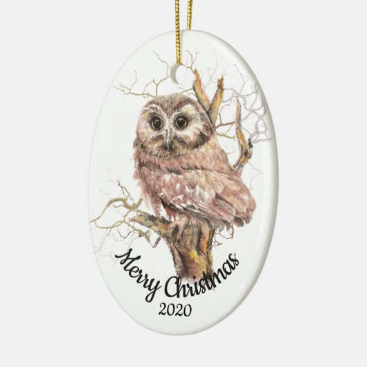 Aangepaste gedateerde kerst Waterverf Uil in Tree Keramisch Ornament (Links)