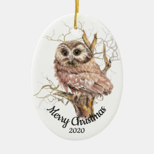 Aangepaste gedateerde kerst Waterverf Uil in Tree Keramisch Ornament