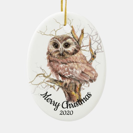 Aangepaste gedateerde kerst Waterverf Uil in Tree Keramisch Ornament (Achterkant)